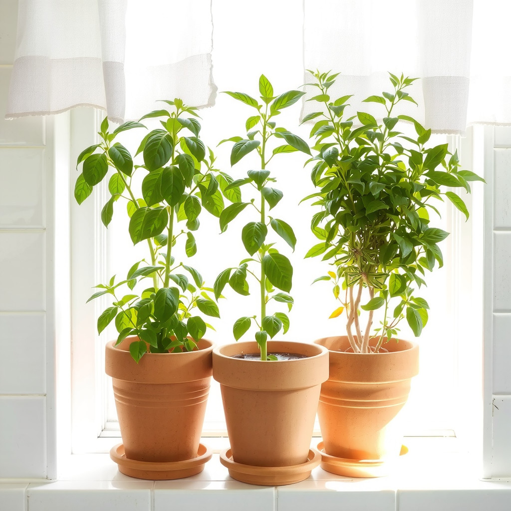 Kitchen window sill with fresh herbs
