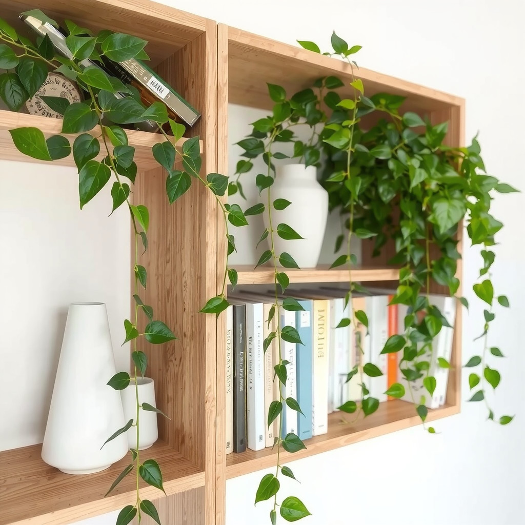 A stylish shelf arrangement with trailing plants and varied pot heights