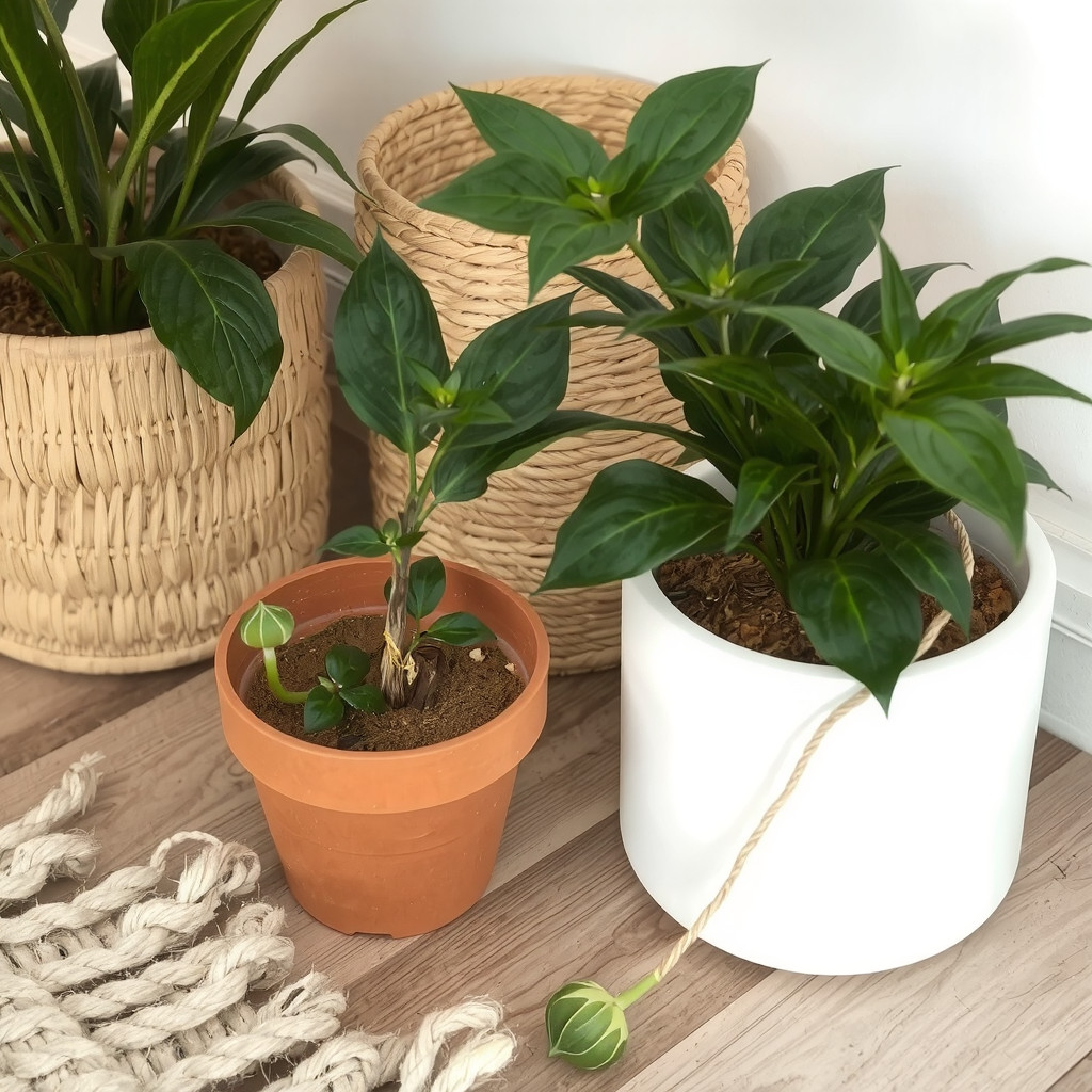 Close up of textured plant pots including terracotta and woven baskets
