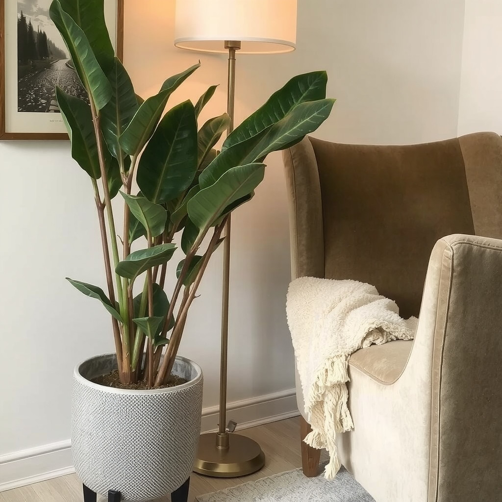 A large statement rubber plant in a modern living room corner