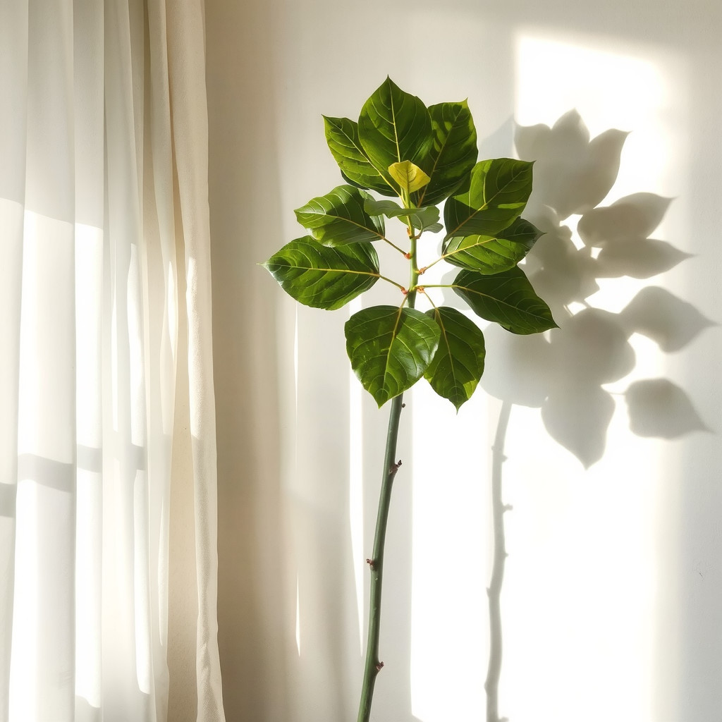 Sunlight filtering through plant leaves casting shadows on a wall