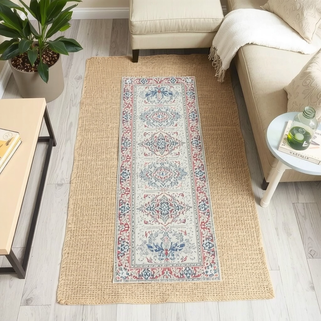 A living room floor showing a textured jute area rug layered underneath a smaller vintage patterned runner, creating a cozy and stylish foundation.