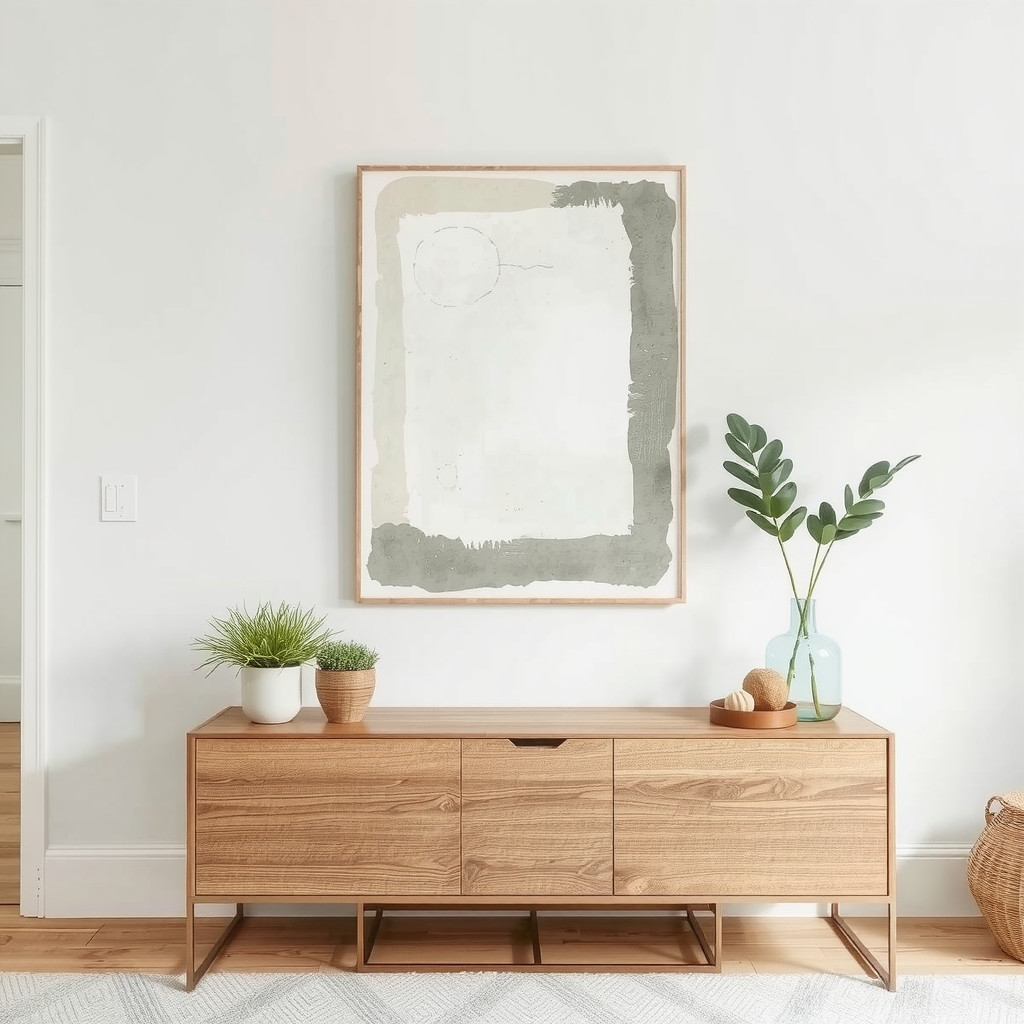 A minimalist living room wall featuring a large, DIY abstract canvas art piece in neutral tones hanging above a sleek, low-profile wooden console table.
