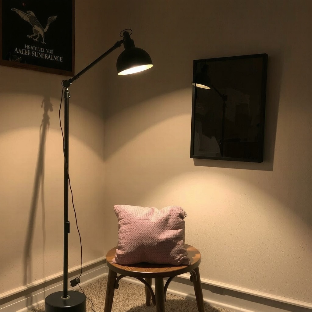 A cozy living room corner illuminated by a sleek black floor lamp casting a warm glow over a reading chair, creating a serene evening atmosphere.