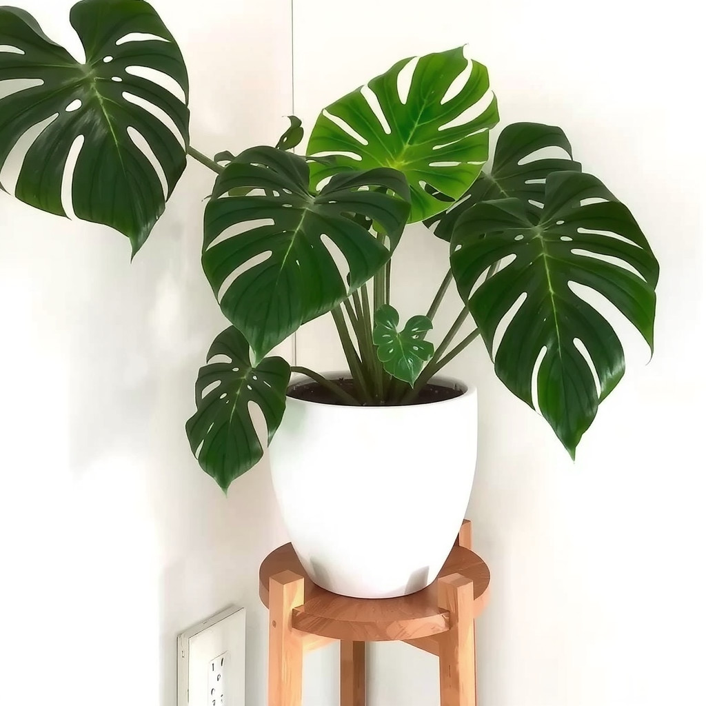 A vibrant potted monstera plant placed in a white ceramic pot on a wooden plant stand, adding a splash of organic green to a neutral room corner.