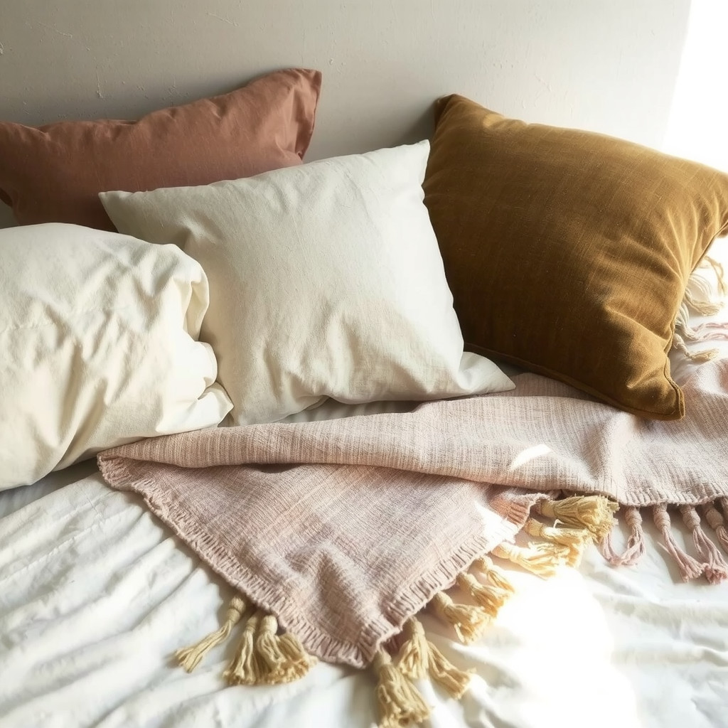 Layered textiles including velvet cushion and linen throw