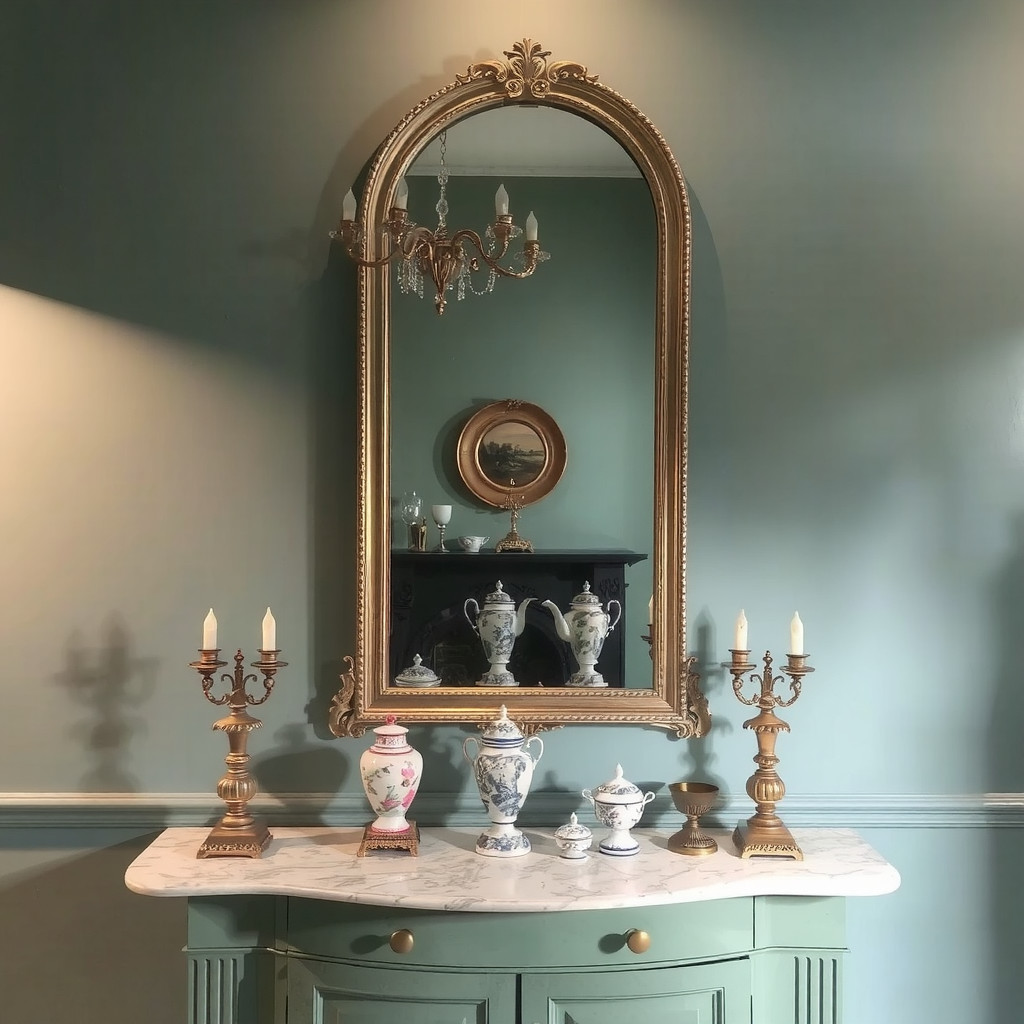 Antique brass mirror above a painted console table