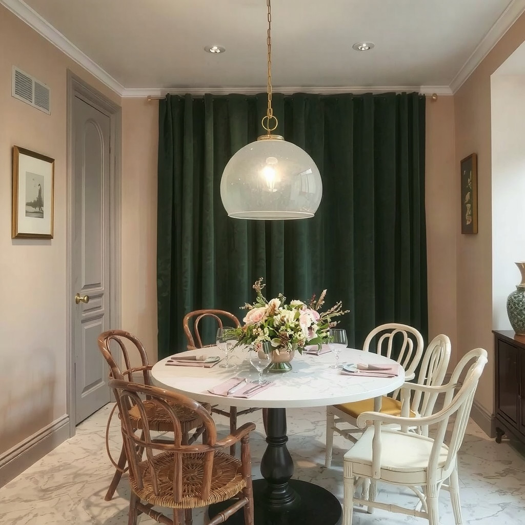 Warm pendant lighting over a whimsical dining table