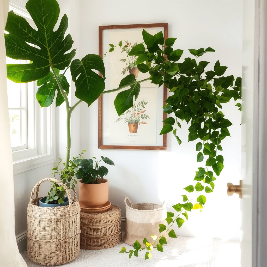 Potted fiddle leaf fig and trailing ivy on wooden stool