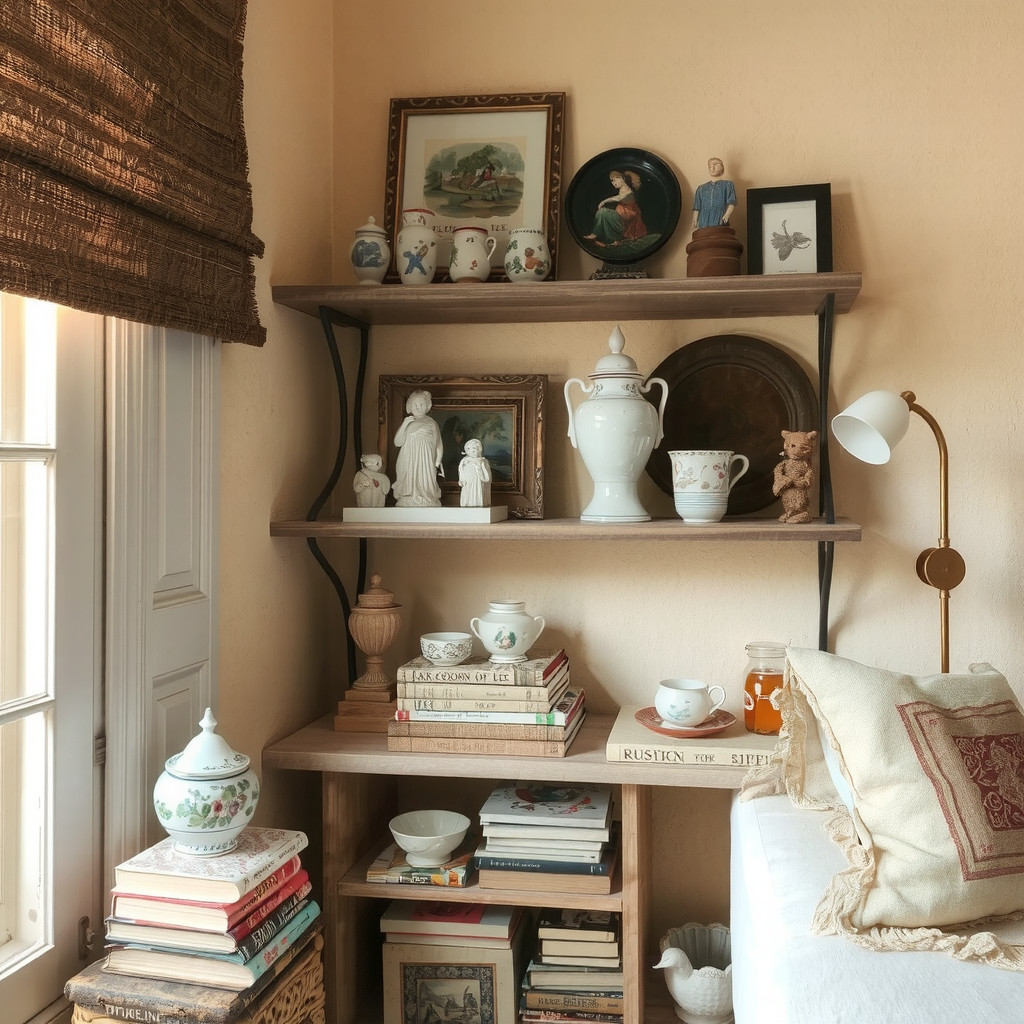 Corner vignette with eclectic shelves and small curios