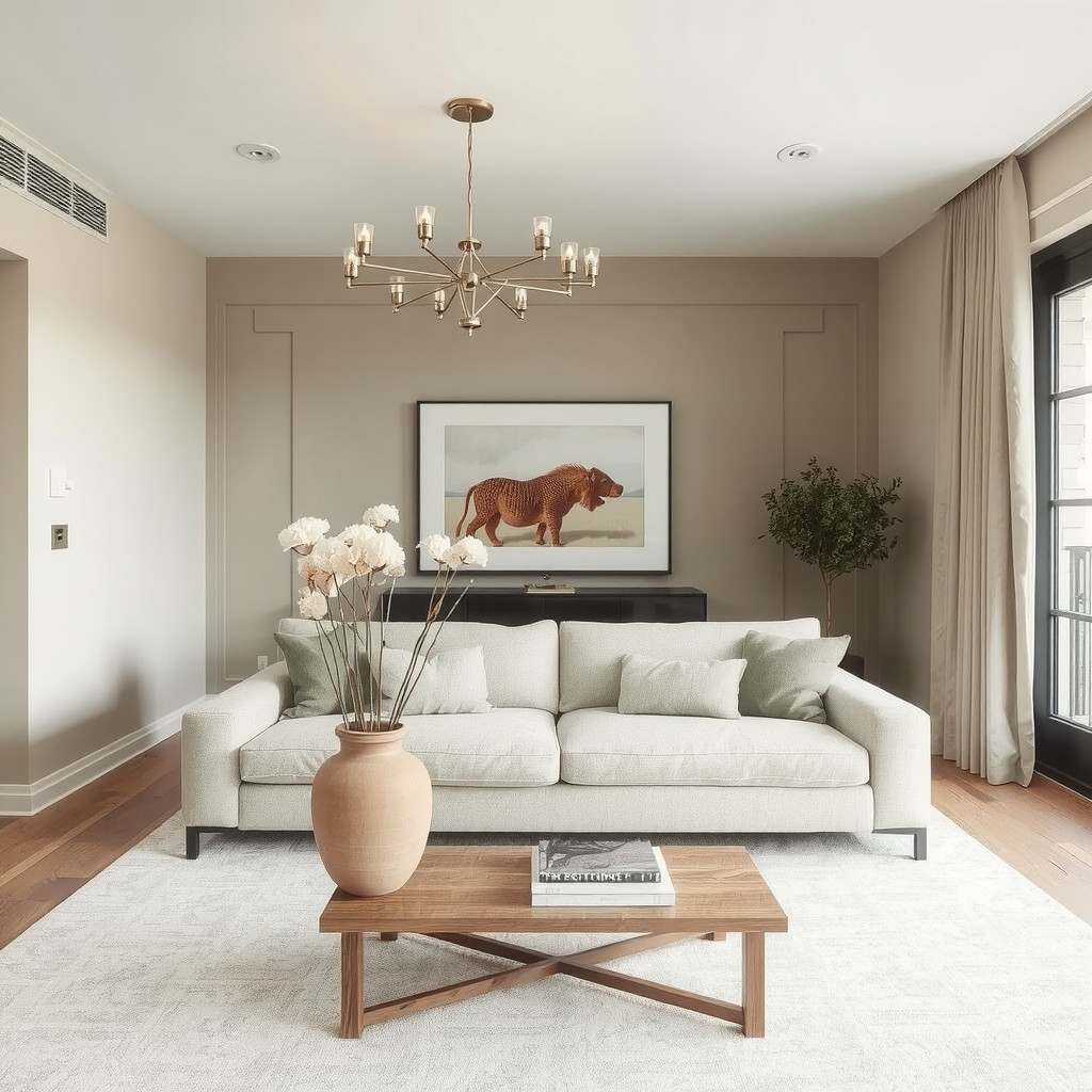 Modern living room with a neutral linen sofa and dried pampas in a ceramic vase