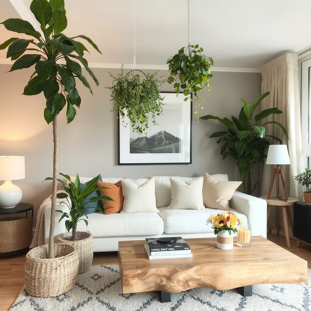 Living room with a potted plant and a hanging plant