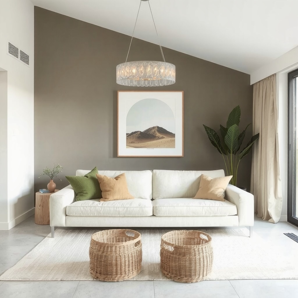 Modern living room with a sleek low-profile sofa and a statement light fixture