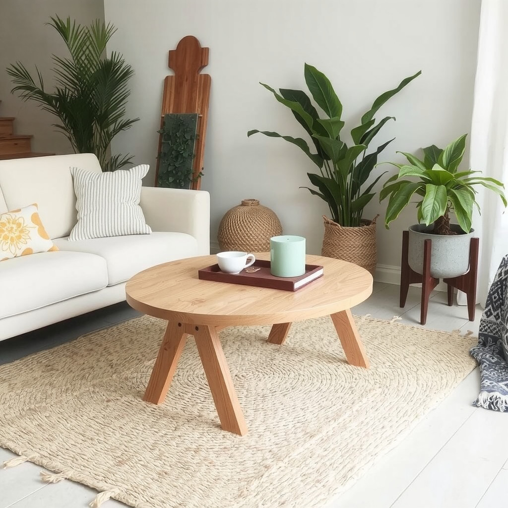Living room with a natural wood coffee table and a woven wool rug