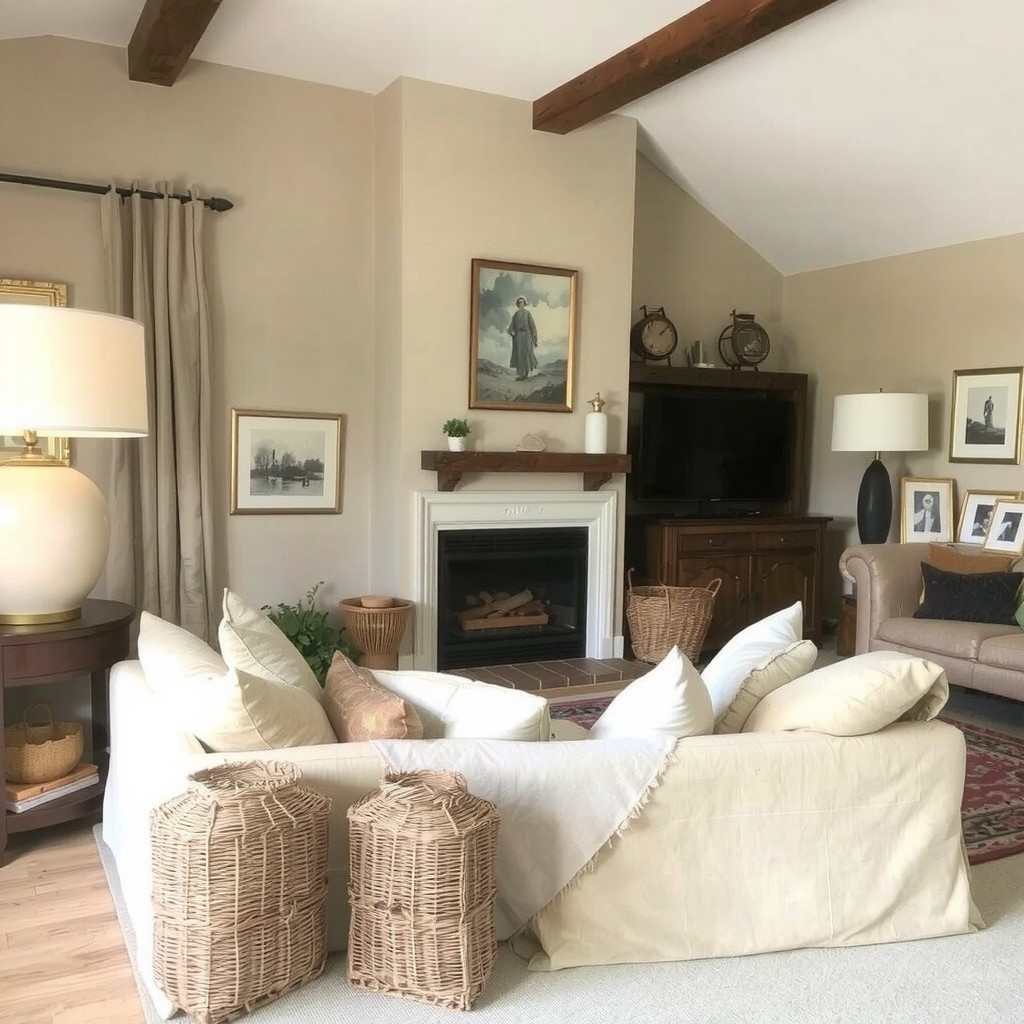 Cozy living room with a linen sofa and a pair of woven baskets