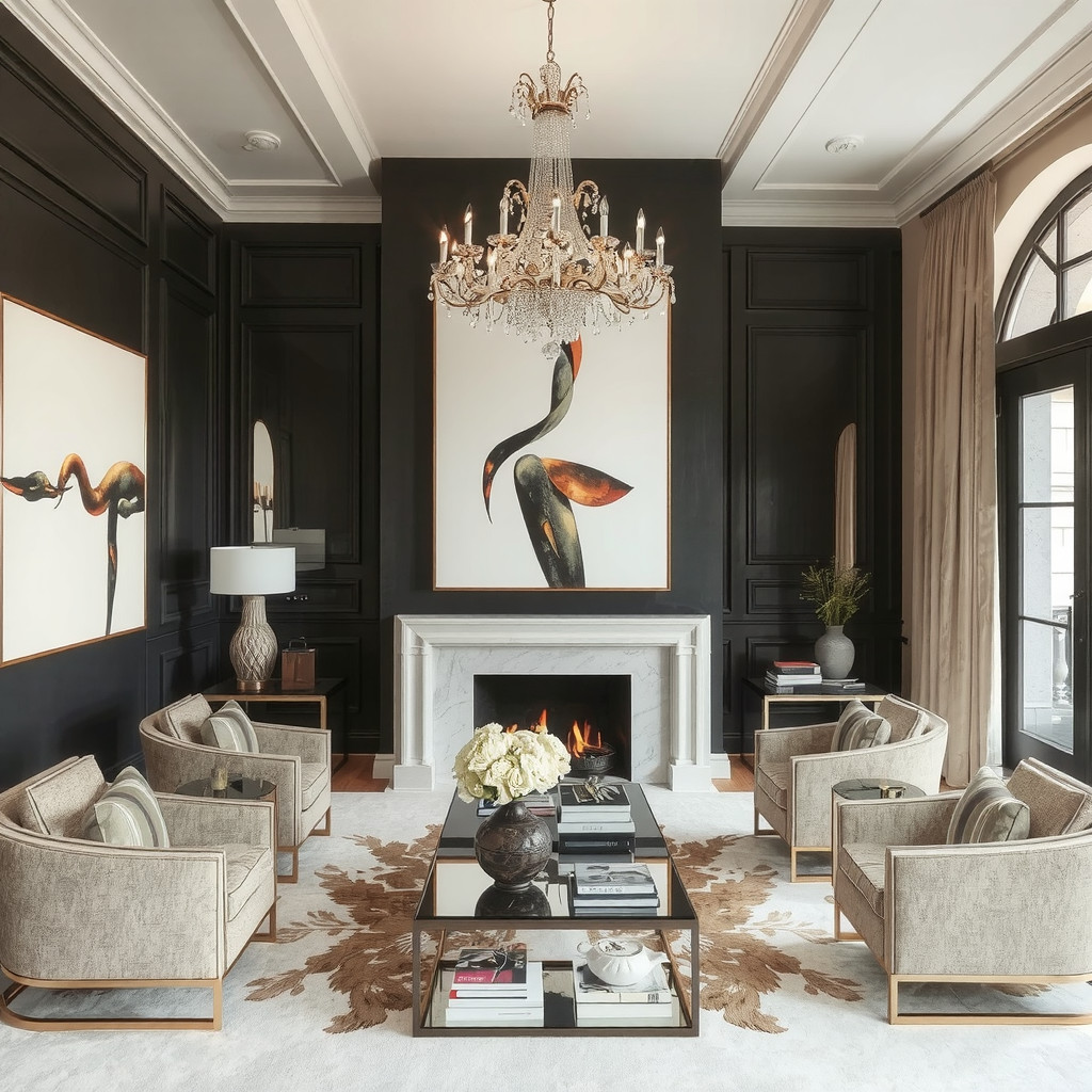 Living room with a statement piece of art and a stunning light fixture