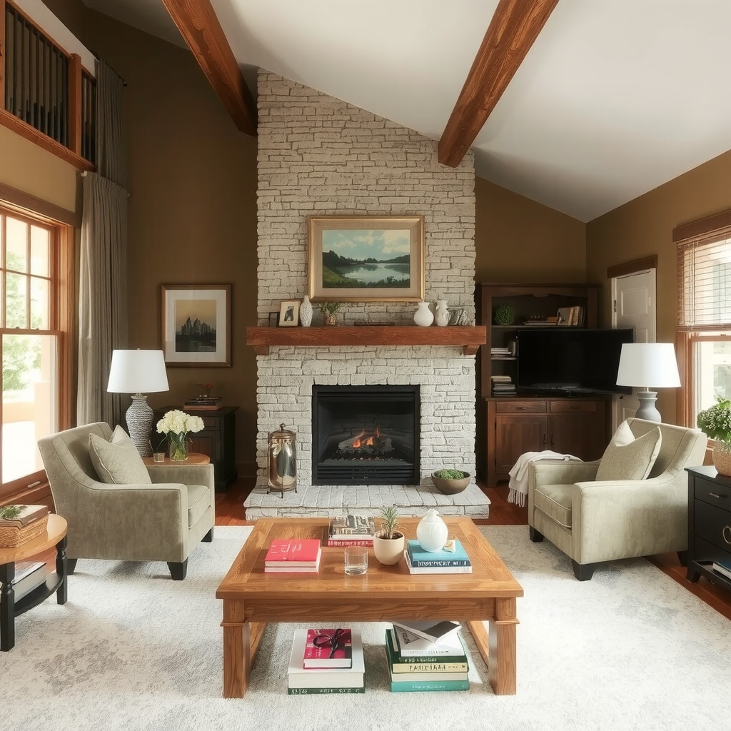Cozy living room with a beautiful fireplace and a pair of armchairs