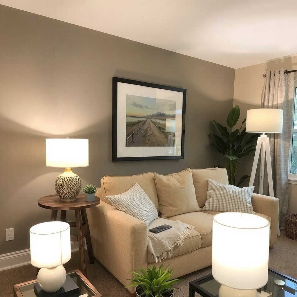 Living room with a combination of overhead lighting and table lamps