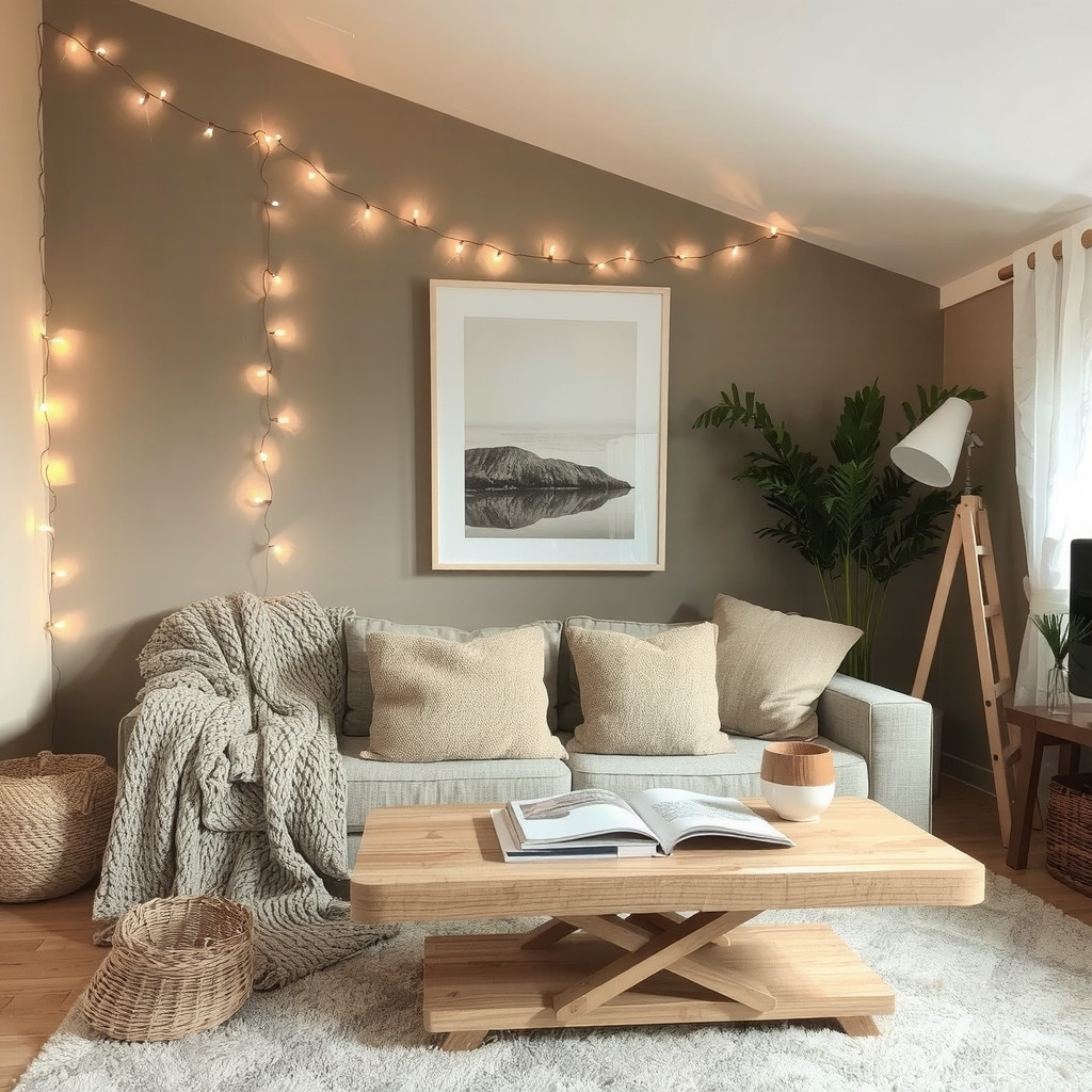Cozy living room with string lights and a pair of cozy throw blankets