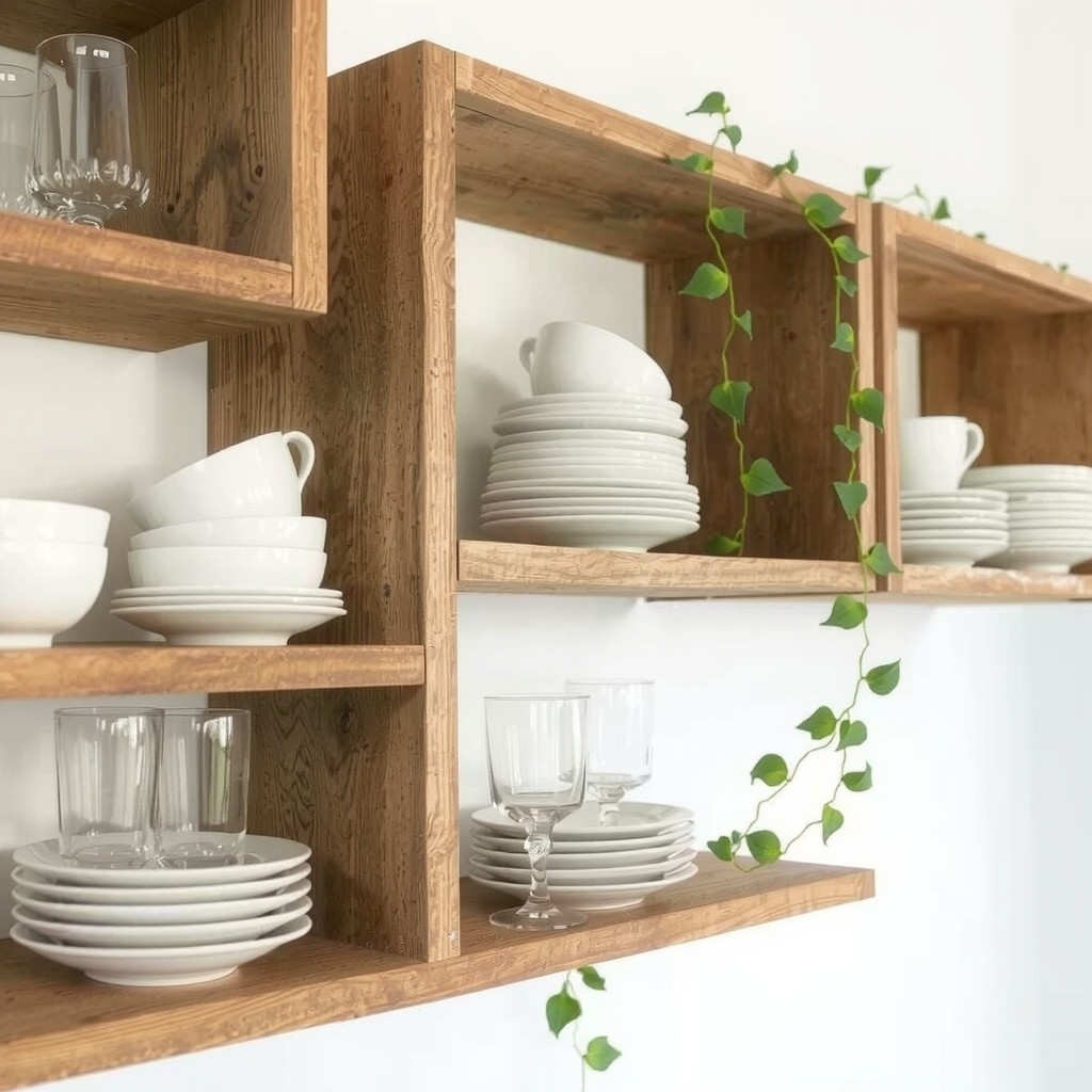 Open shelving with white dishes