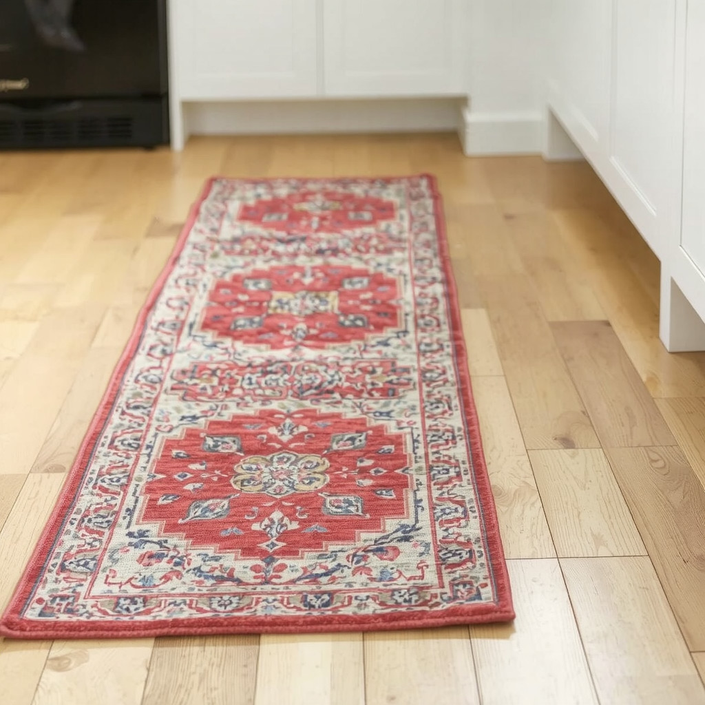 Textured kitchen runner rug on wood floor