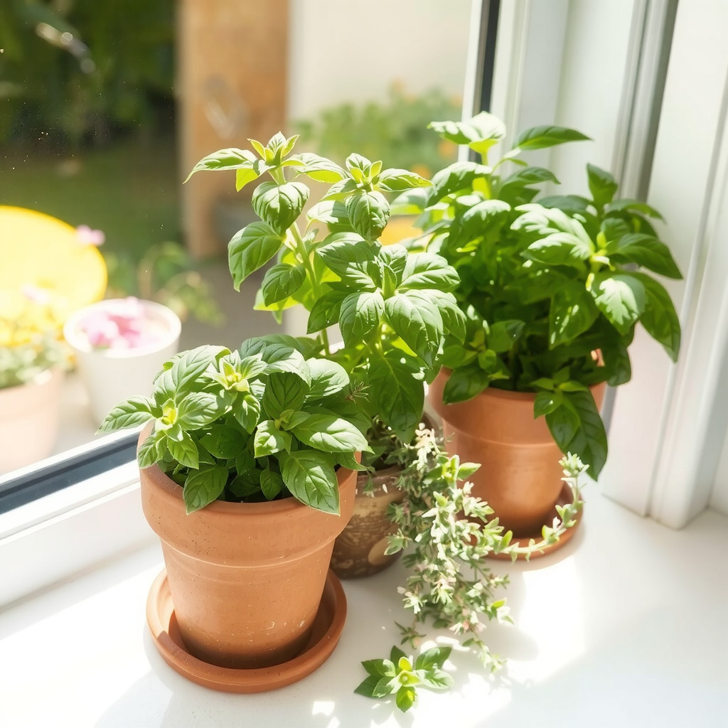 Potted herbs on a sunny windowsill