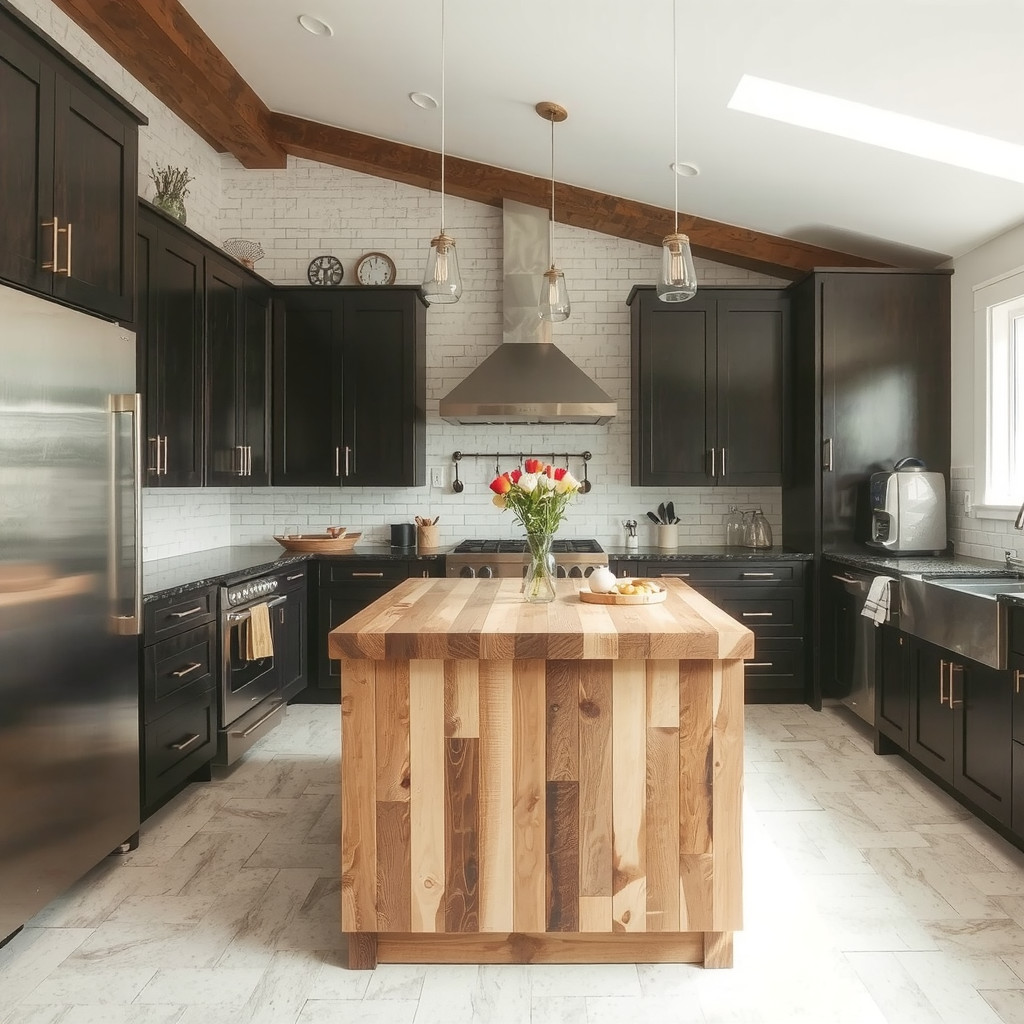 Butcher block island in a kitchen