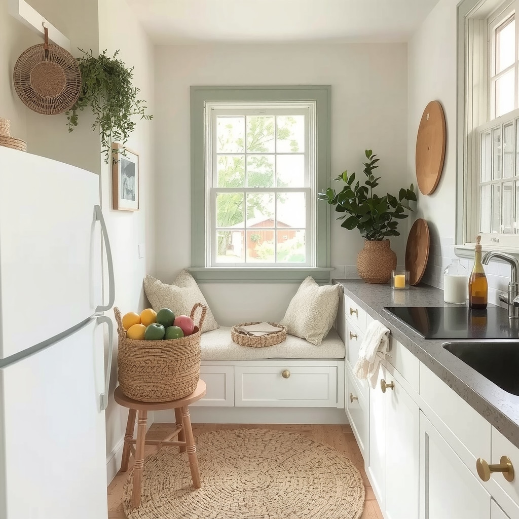 A kitchen incorporating natural materials and textiles for organization and decor