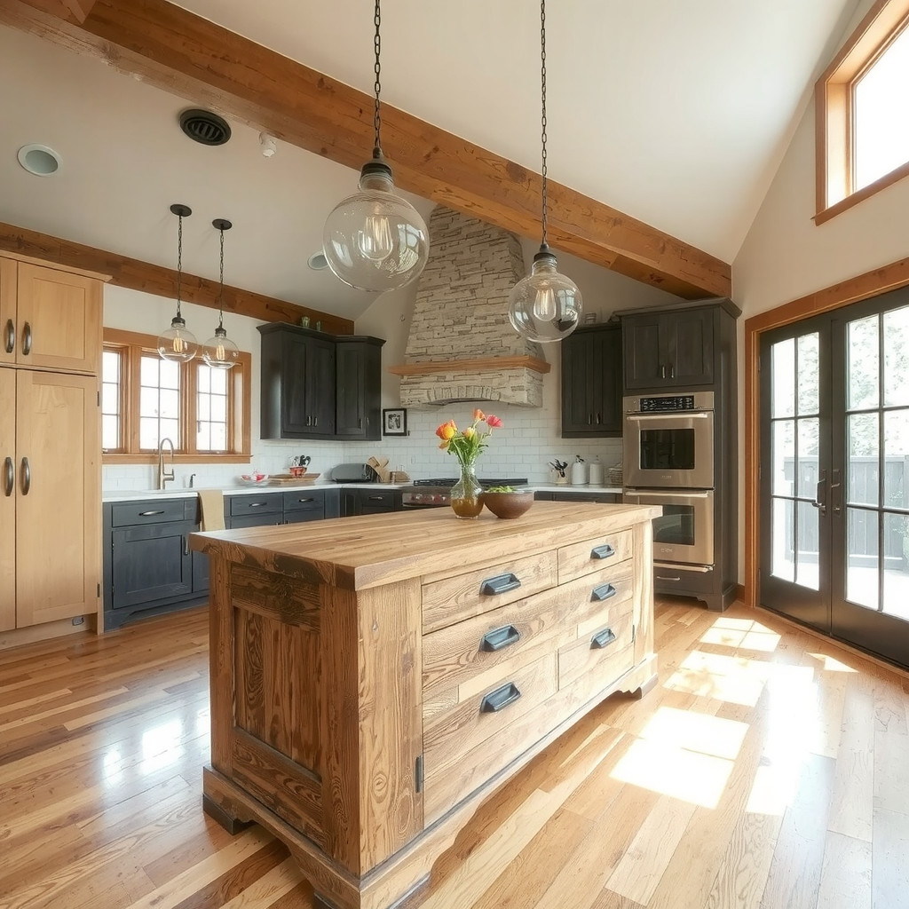 A kitchen with a statement kitchen island as a focal point