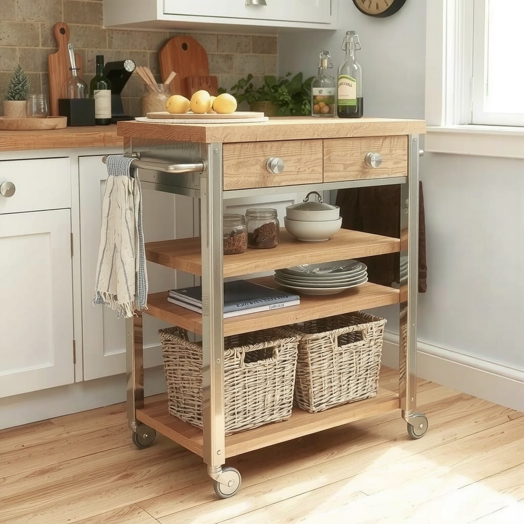 A kitchen cart with storage and a butcher block top for additional counter space