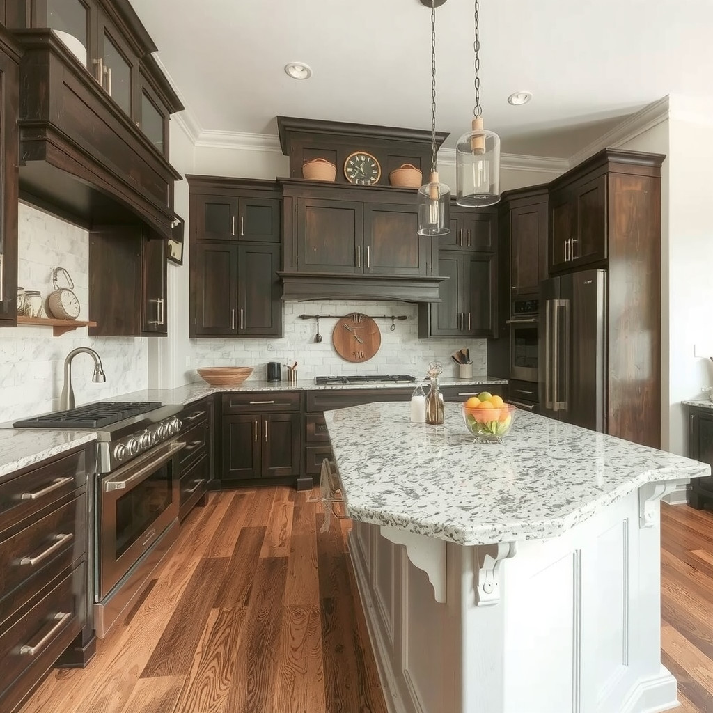 Kitchen with granite countertops and hardwood floors