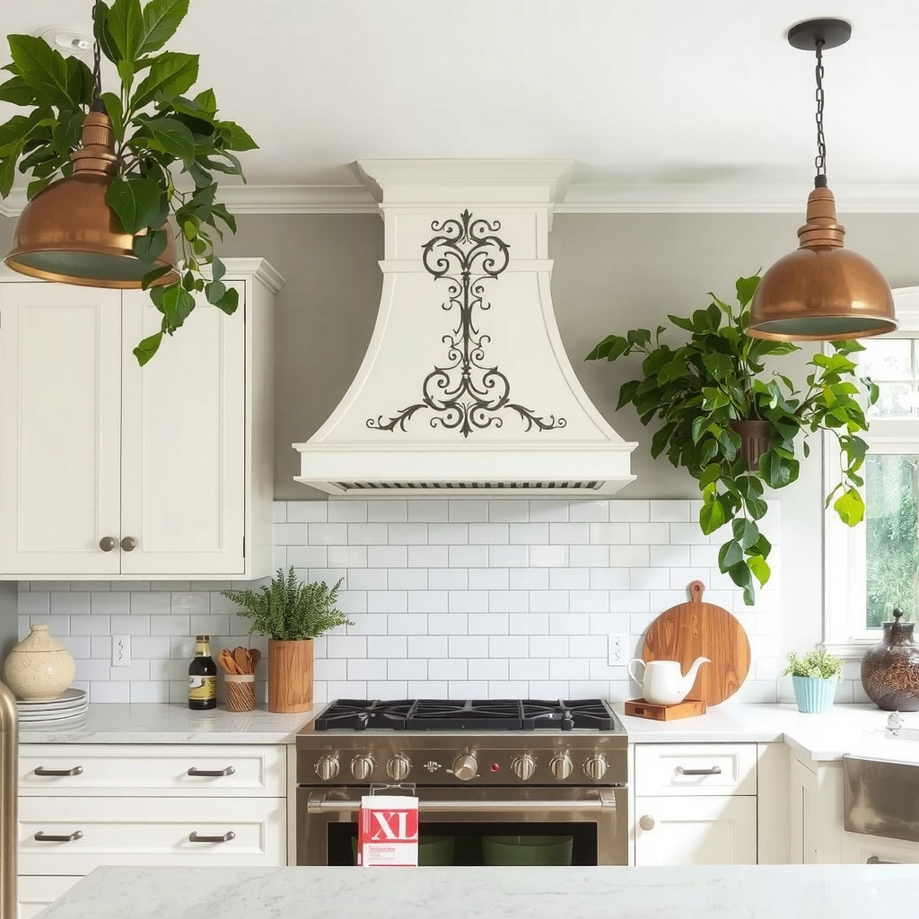 Kitchen with a decorative range hood as a focal point