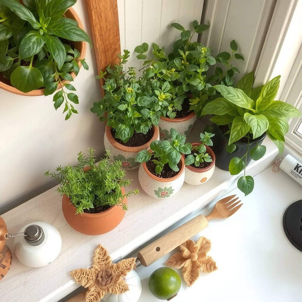 Kitchen with herbs in decorative planters