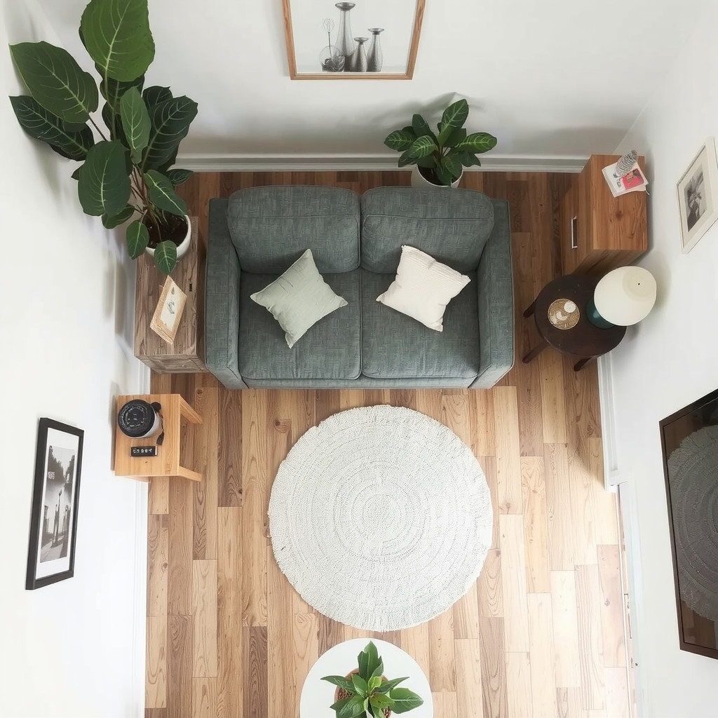 Top-down view of furniture layout in a small room