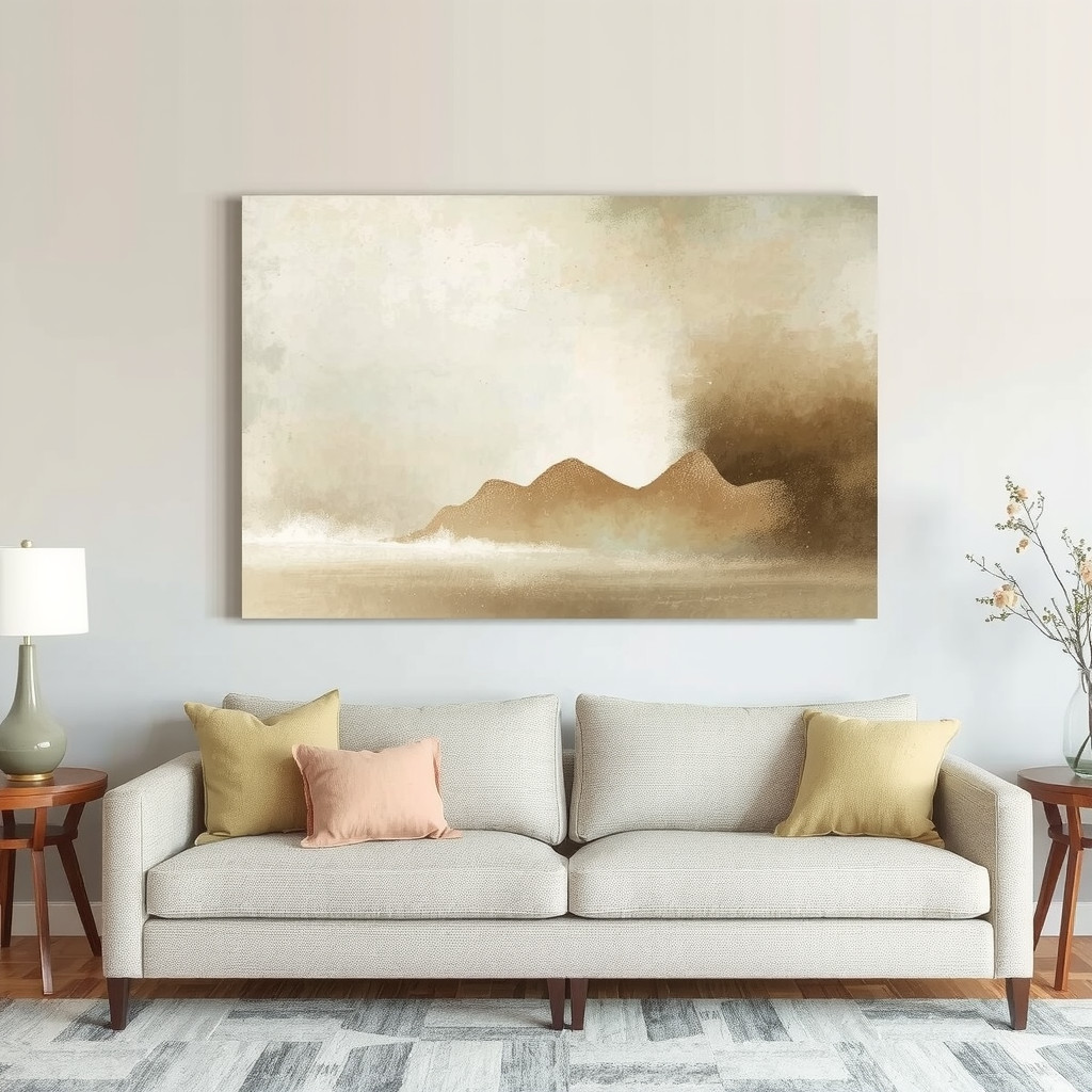 Large statement art piece above a neutral sofa