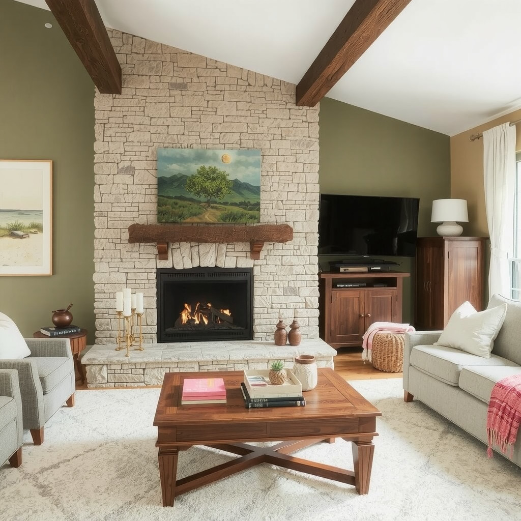 A living room with a stone fireplace and a wooden coffee table