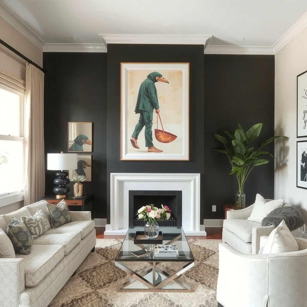 A living room with a statement piece of art above the fireplace