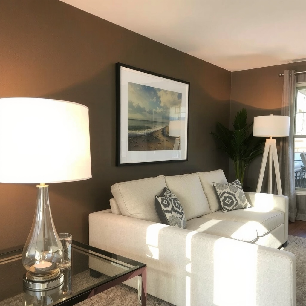 A living room with a table lamp and a floor lamp