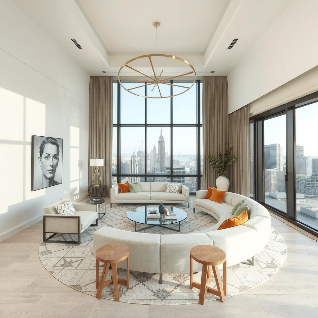 A spacious living room with a circular seating arrangement and a stunning city view
