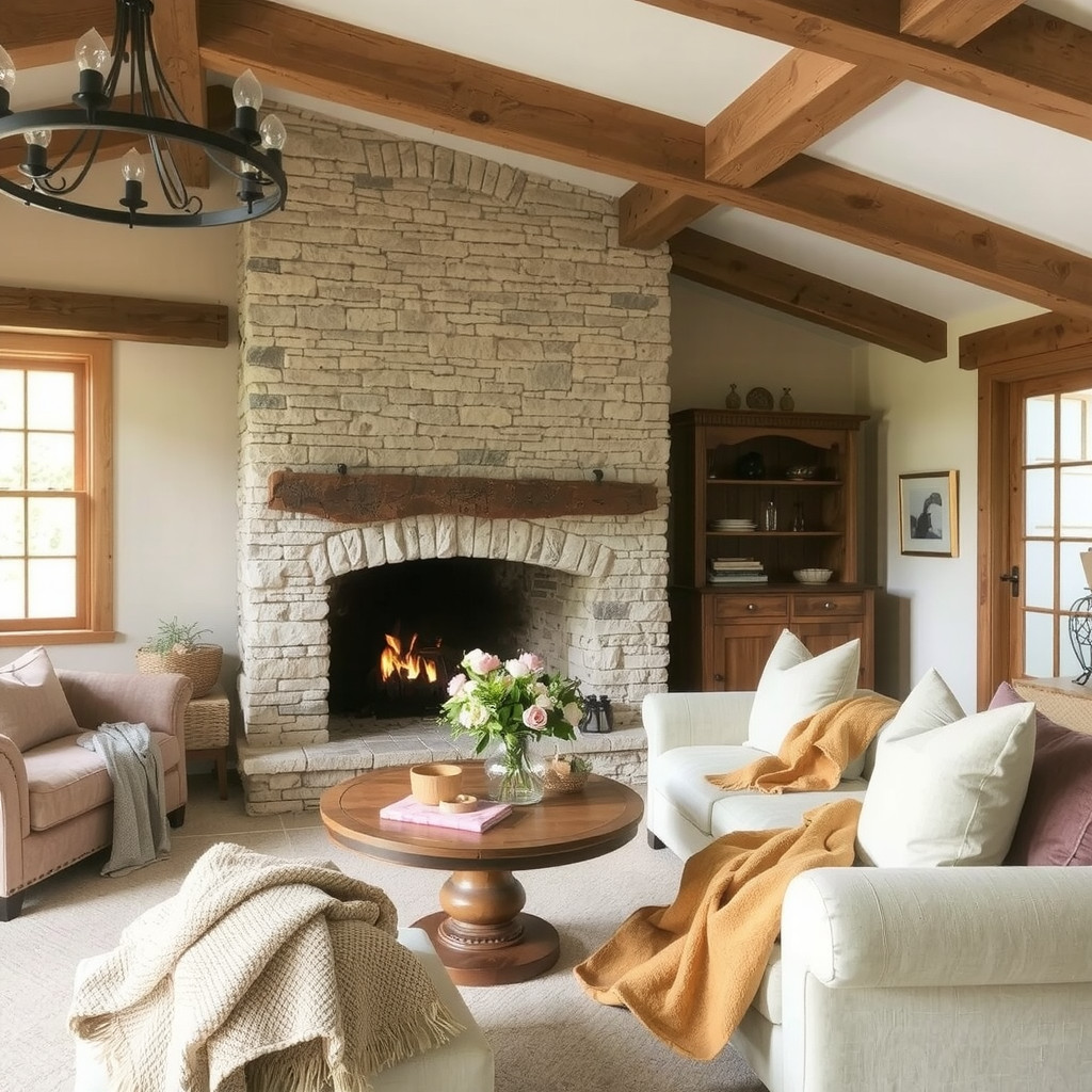 A cozy living room with a stone fireplace, wooden beams, and a velvet sofa