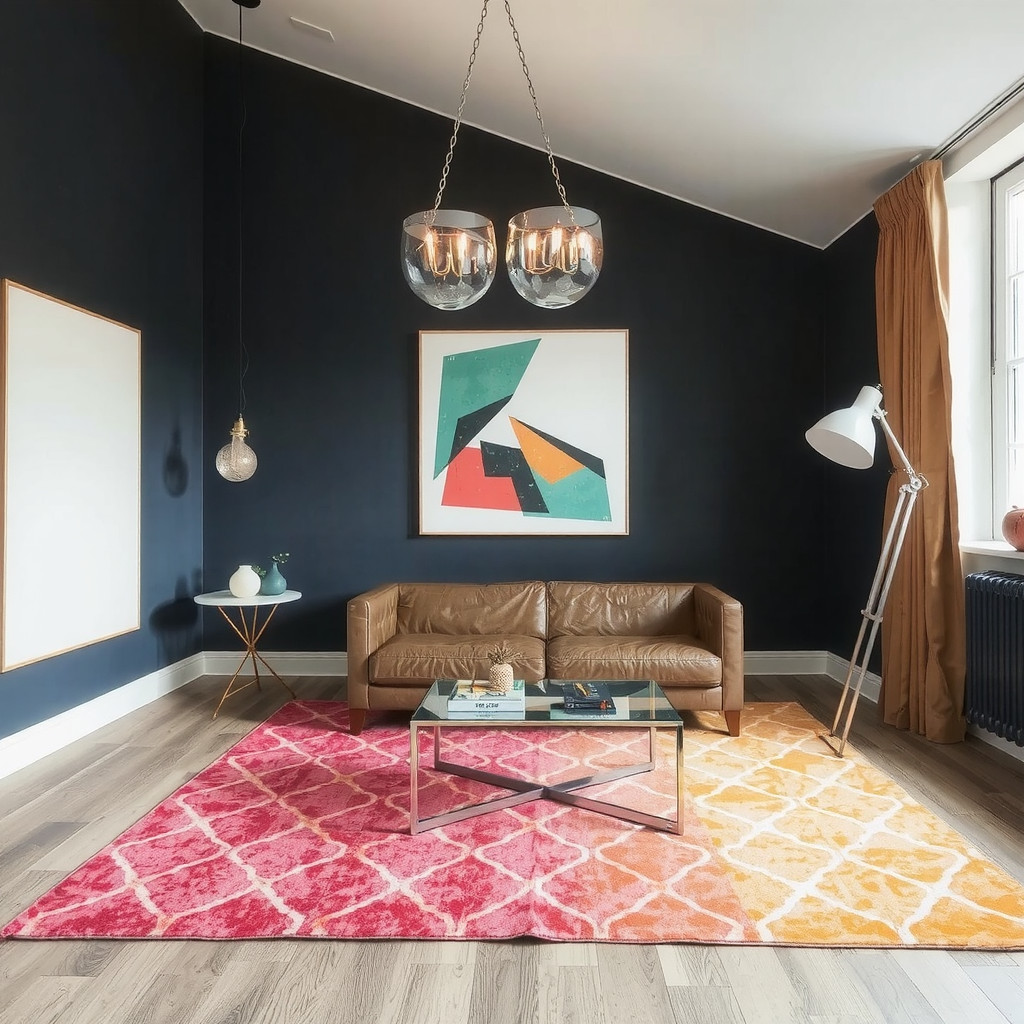 A modern living room with a statement light fixture and a geometric patterned rug
