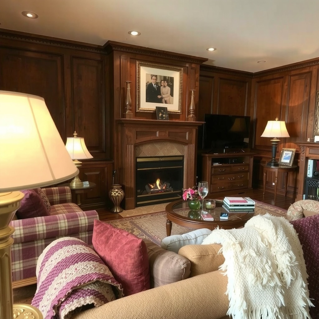 A living room with a warm and cozy atmosphere, created by table lamps and a fireplace