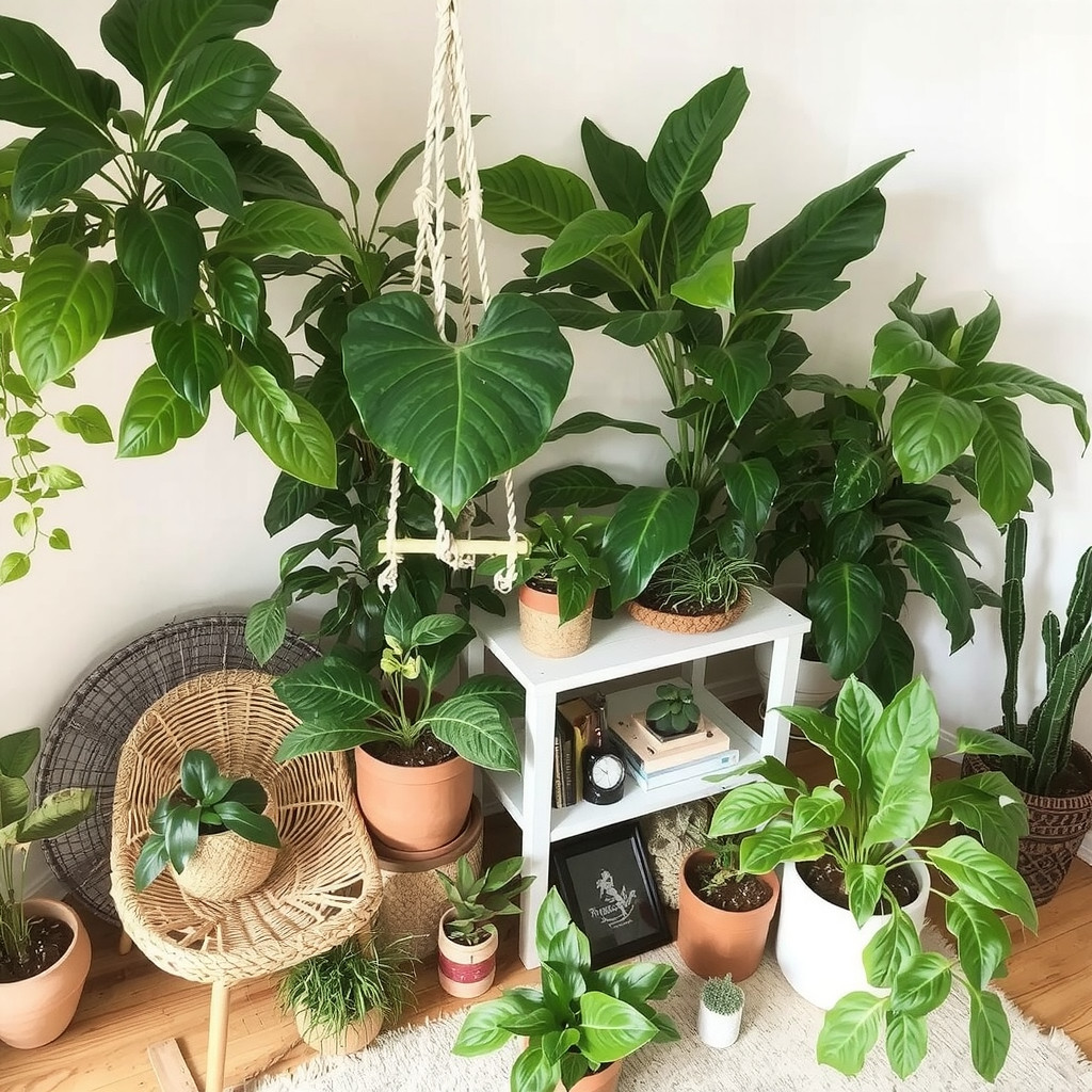 A living room with a variety of plants, including a fiddle leaf fig and a snake plant