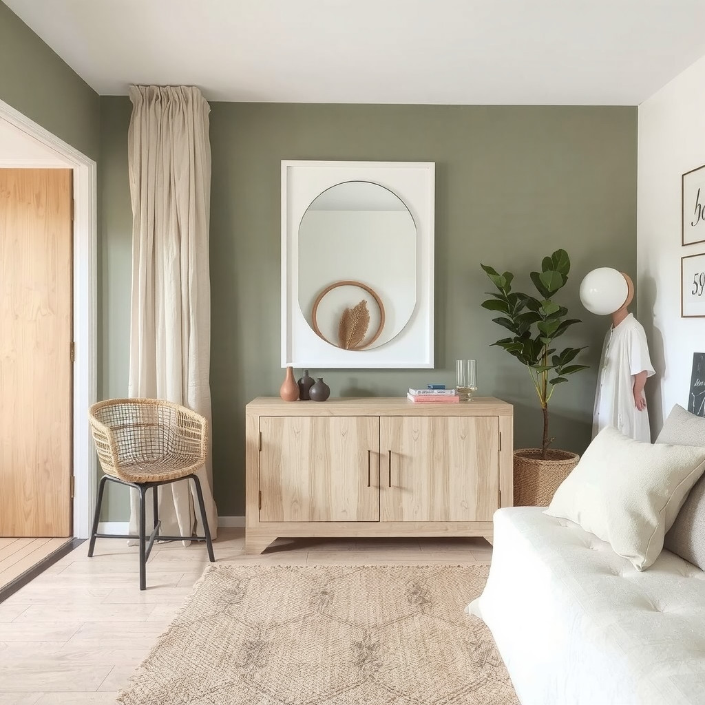 A Scandinavian-style living room with a minimalist mirror above a console table
