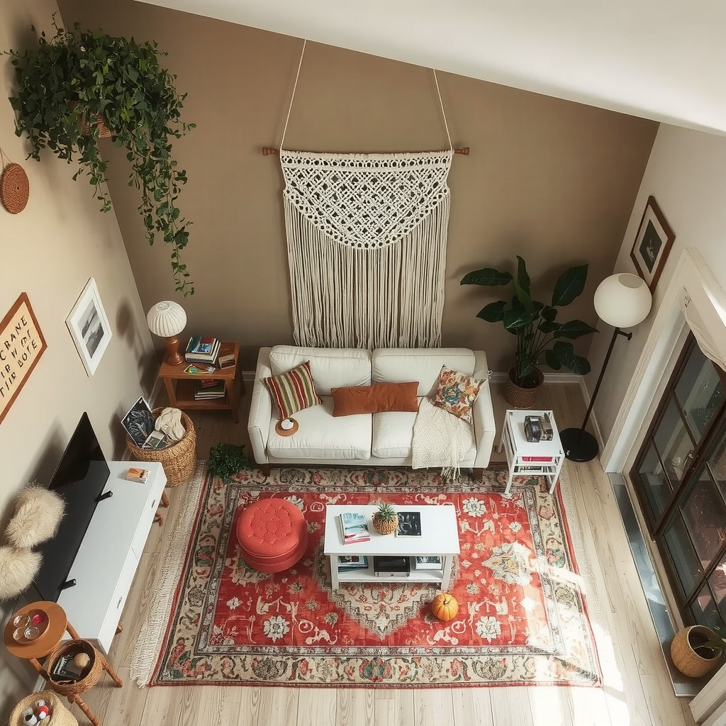 A bohemian living room with a macrame wall hanging and a vintage rug