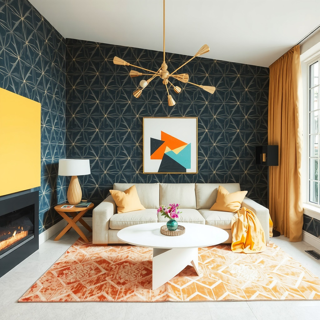 A modern living room with a geometric patterned wallpaper and a sleek sofa