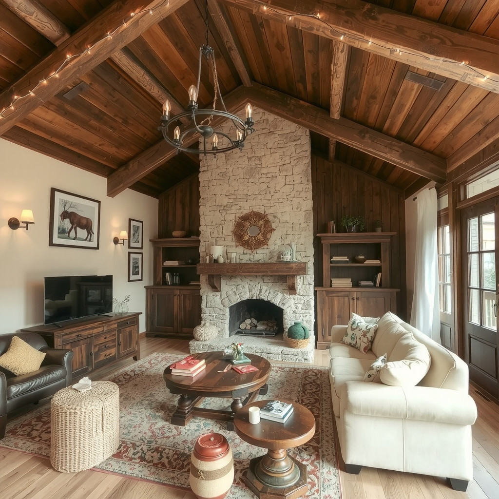 A rustic living room with a wooden beam ceiling and warm string lights