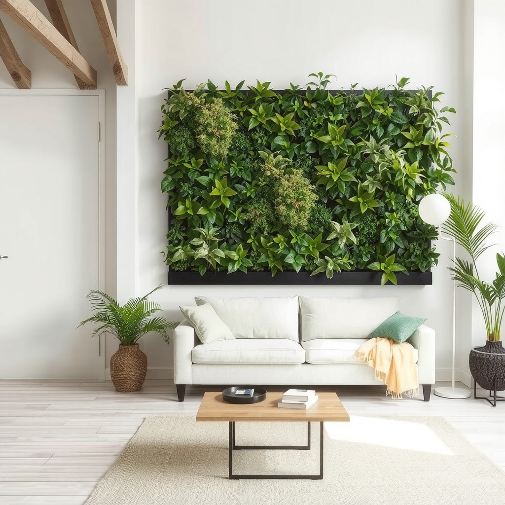 A minimalist living room with a living wall planter and a modern sofa
