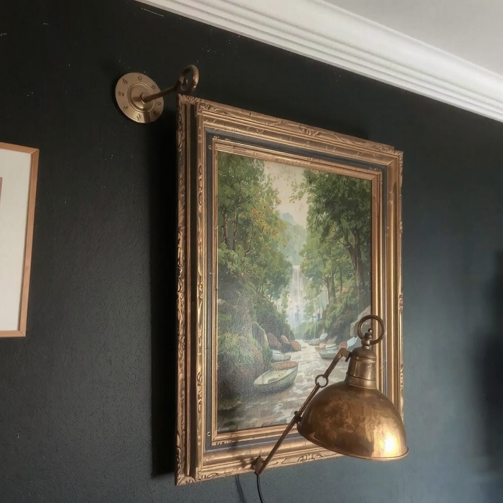 Brass picture lights illuminating art