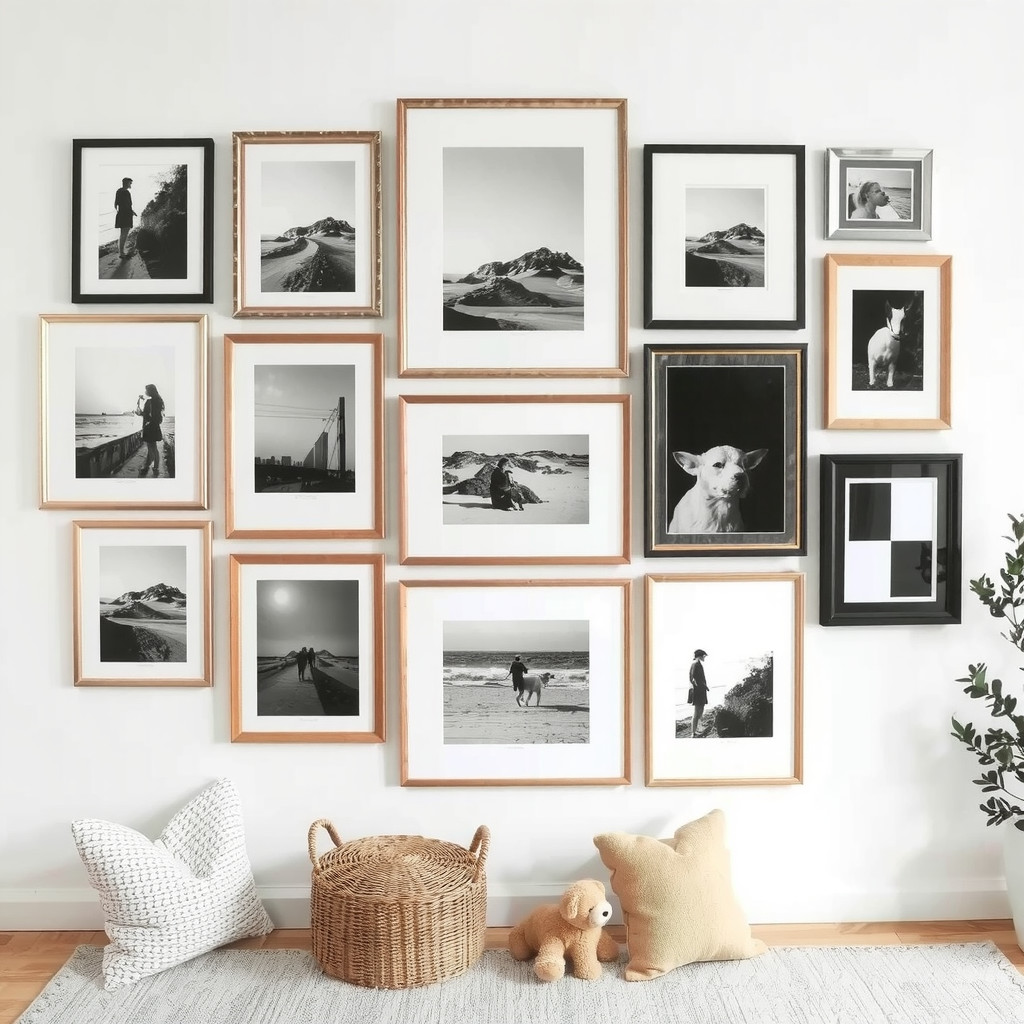 A gallery wall featuring black and white photos in various frame styles
